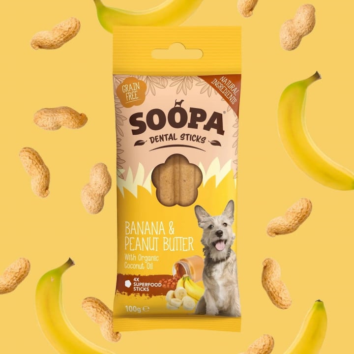 Bananų ir riešutų sviesto lazdelės šunims, SOOPA