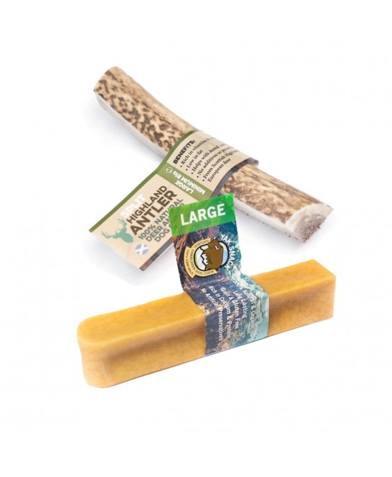 Didelis skanėstų rinkinys šuniui: perpjautas elnio ragas ir jakas (L dydis)