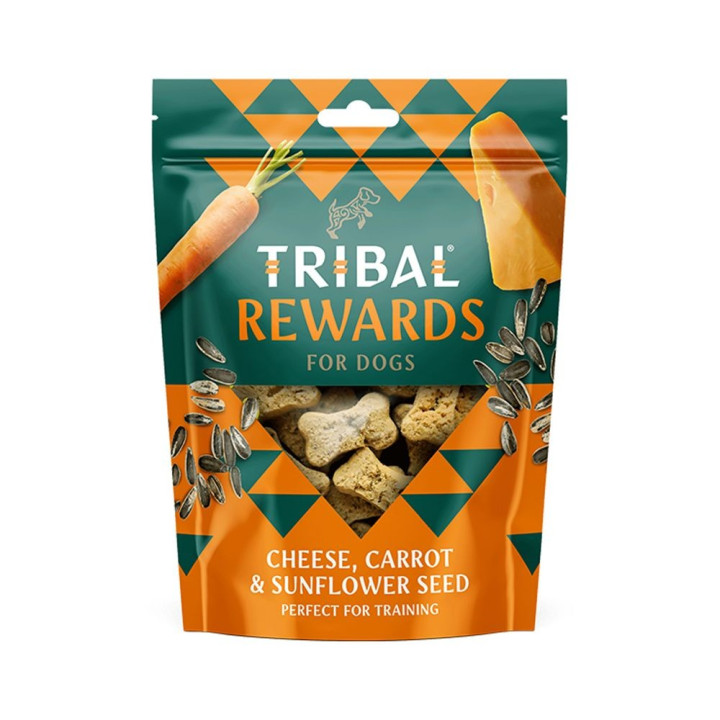 Skanėstai šunims su sūriu, morkomis ir saulėgrąžomis „Cheese, Carrot & Sunflower Seeds“ TRIBAL, 125g