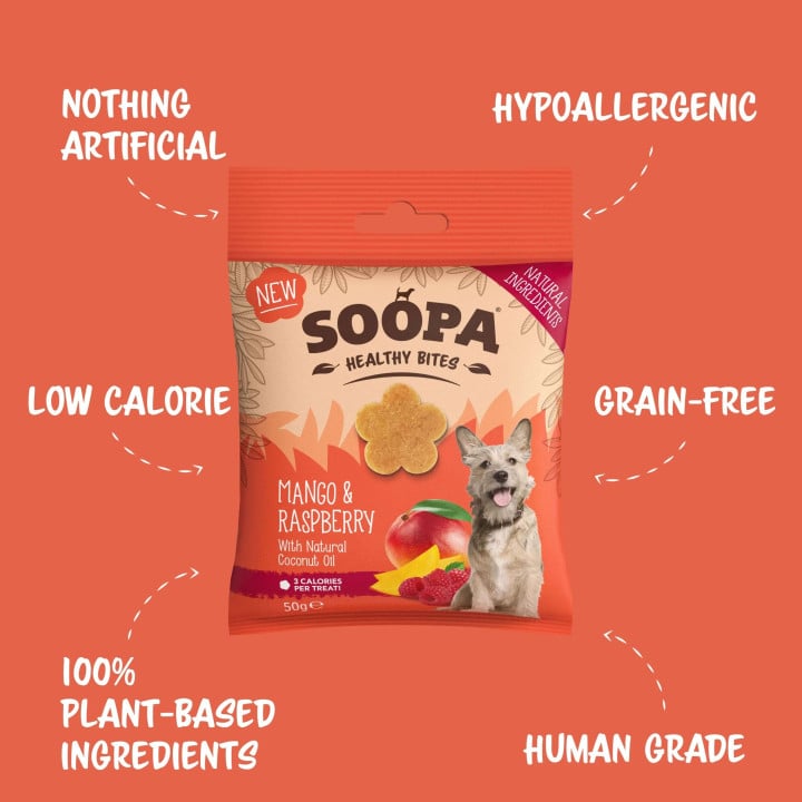 Soopa Healthy Bites šunų skanėstai su mango ir avietėmis (Mango & Raspberry), 50 g
