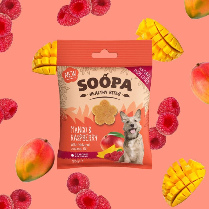 Soopa Healthy Bites šunų skanėstai su mango ir avietėmis (Mango & Raspberry), 50 g