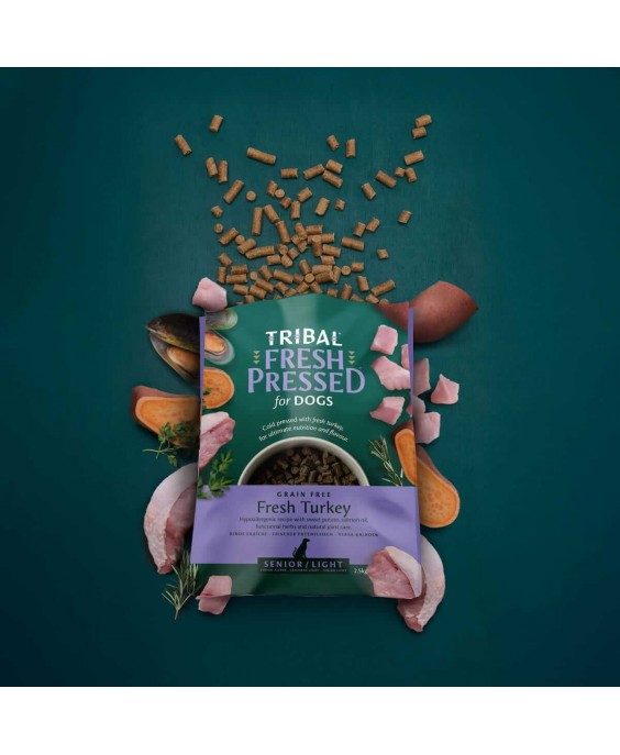 Šalto spaudimo maistas šunims senjorams ir dietiniams poreikiams su kalakutiena – Tribal Fresh Pressed Senior/Light Turkey
