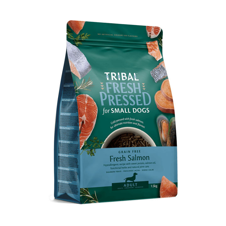 Šalto spaudimo mažų veislių suaugusių šunų maistas su lašiša – Tribal Fresh Pressed Adult Small Breed Salmon