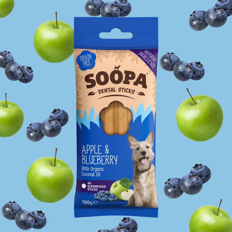 SOOPA Obuolių ir mėlynių lazdelės šunims, Apple & Blueberry Dog Dental Sticks, 100g