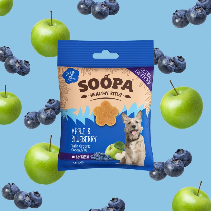SOOPA Obuolių ir mėlynių skanėstai šunims, Apple & Blueberry Dog Dental Sticks, 50g