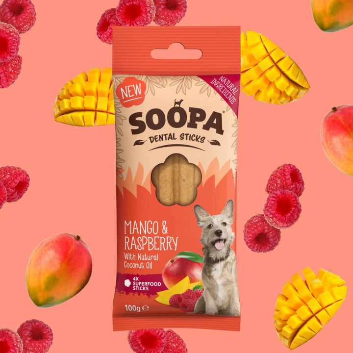 Mango ir aviečių skonio dental sticks lazdelės šunims Soopa