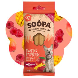 Mango ir aviečių skonio dental sticks lazdelės šunims Soopa
