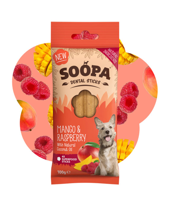 Mango ir aviečių skonio dental sticks lazdelės šunims Soopa