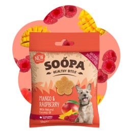 Mango ir aviečių skonio skanėstai šunims – Soopa Healthy Bites