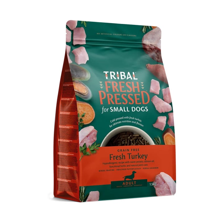 Tribal Fresh Pressed Adult Small Breed Turkey 1,5 kg – šalto spaudimo maistas mažų veislių šunims su kalakutiena
