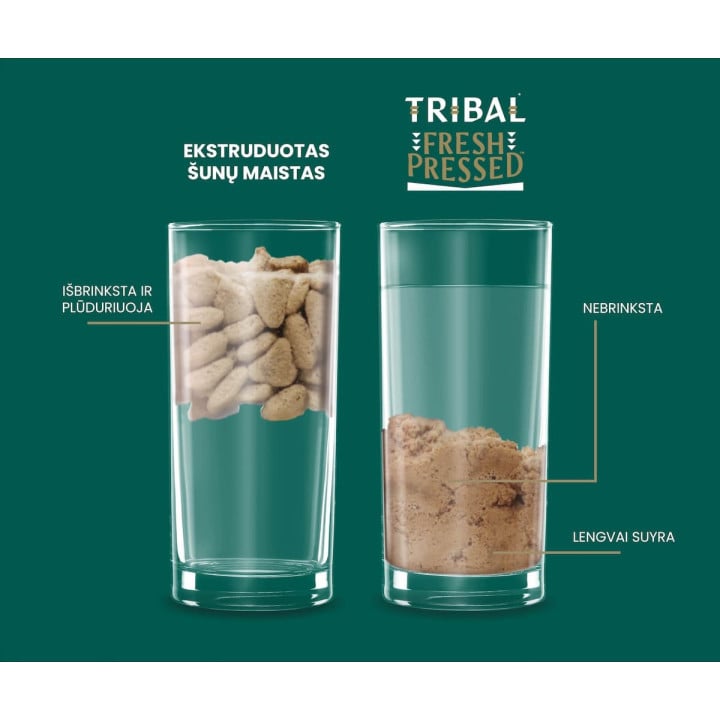 Šalto spaudimo Tribal Fresh Pressed granulės nebrinksta, skirtingai nei ekstruduotas maistas