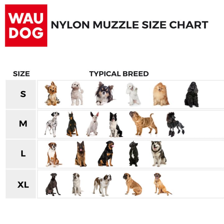 WAUDOG Nylon antsnukio dydžių lentelė pagal veisles