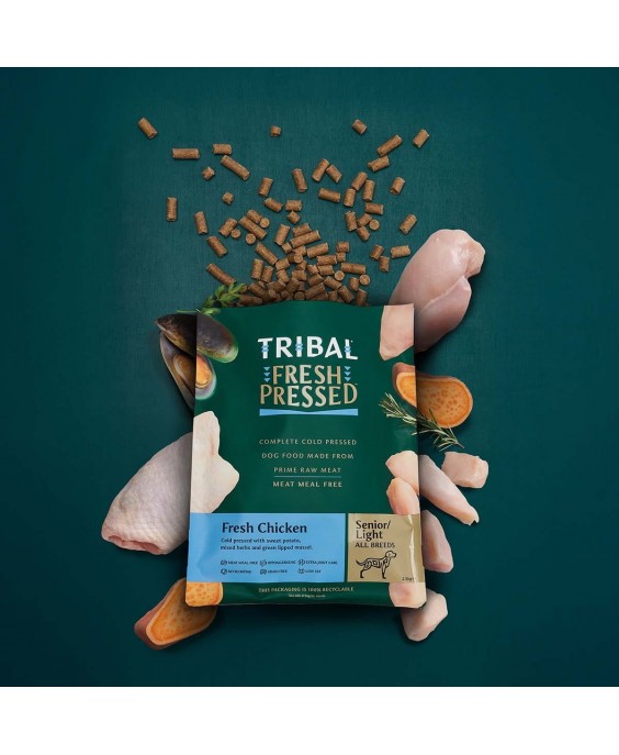 Dietinis maistas šunims ir senjorams, vištiena šalto spaudimo „Fresh Pressed Chicken – SENIOR/Light“, TRIBAL