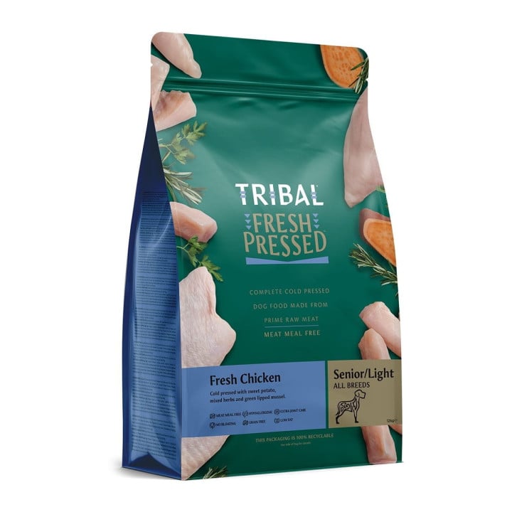 Dietinis maistas šunims ir senjorams, vištiena šalto spaudimo „Fresh Pressed Chicken – SENIOR/Light“, TRIBAL