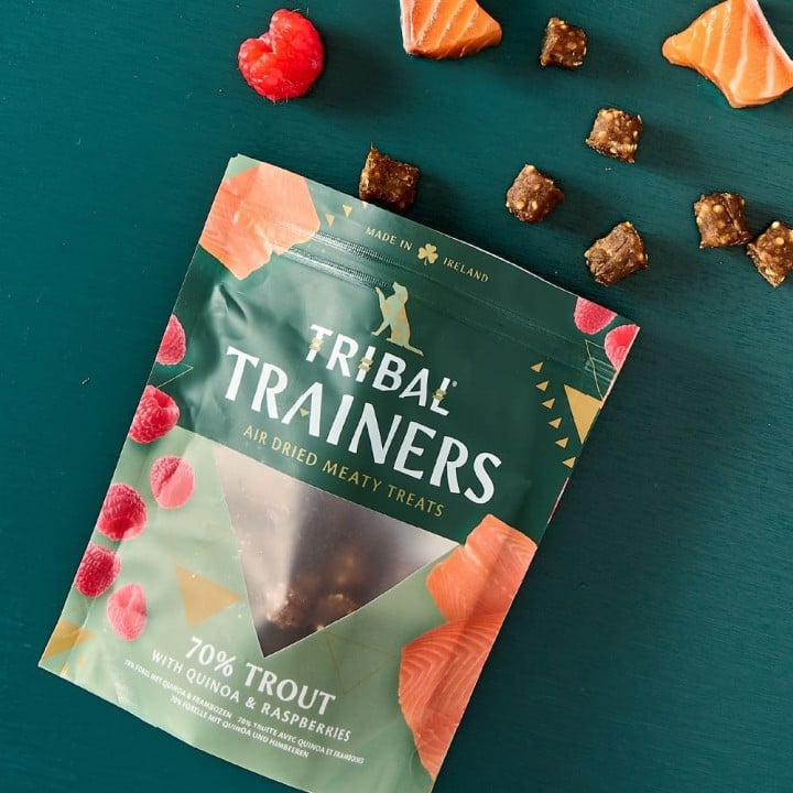 Upėtakio ir aviečių skanėstai dresūrai šunims „Trout & Raspberry“, TRIBAL, 80g