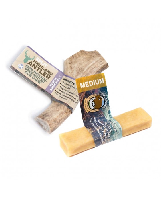 Vidutinis skanėstų rinkinys šuniui: perpjautas elnio ragas ir jakas (M dydis)