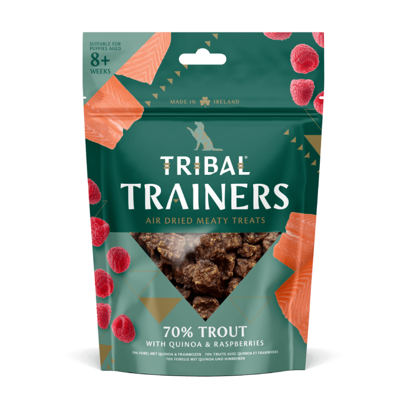 Upėtakio ir aviečių skanėstai dresūrai šunims „Trout & Raspberry“, TRIBAL, 80g