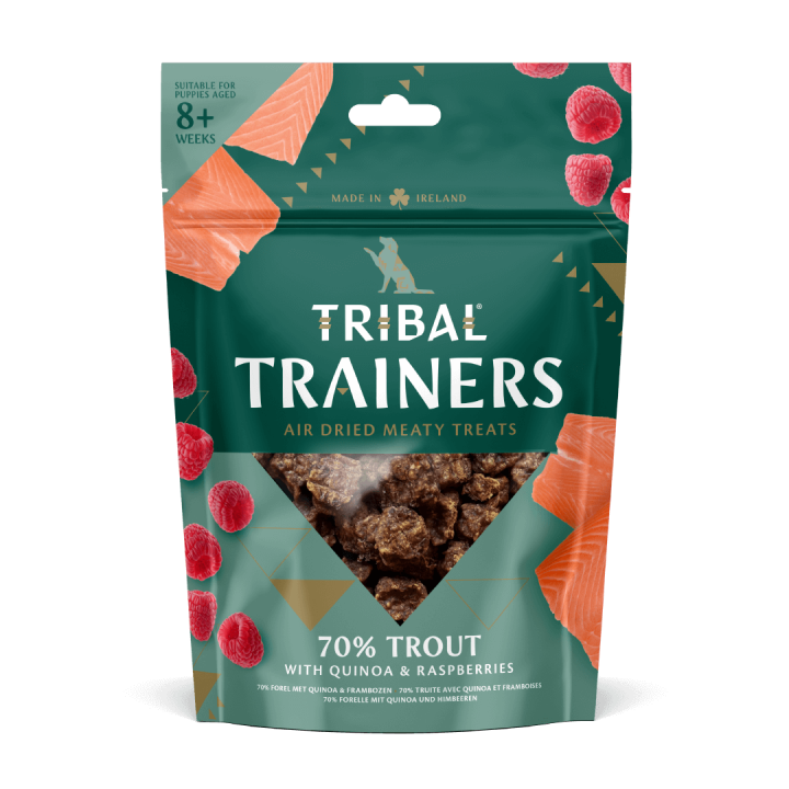 Upėtakio ir aviečių skanėstai dresūrai šunims „Trout & Raspberry“, TRIBAL, 80g